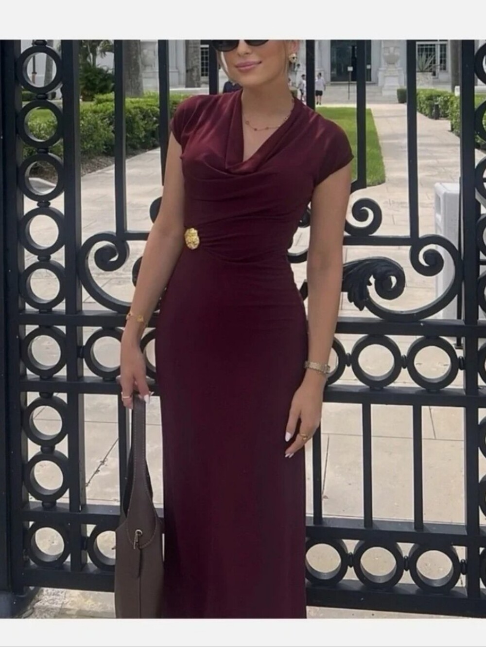 Zara Burgundy Cowl-Neck Maxi Dress with Gold Button at Waist SZ M